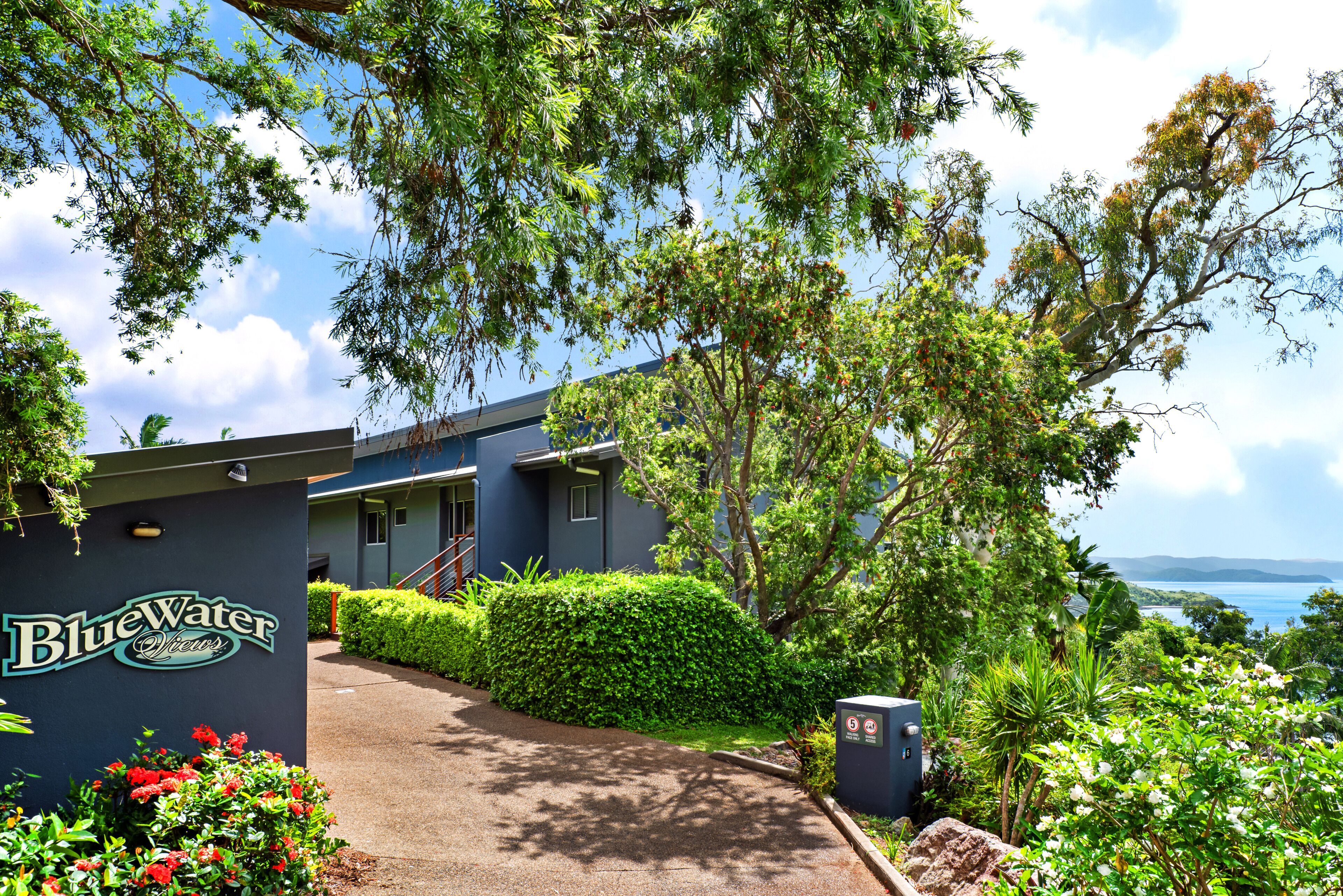 A BlueWater Suites building with a view of the ocean, surrounded by lush greenery and a paved driveway.