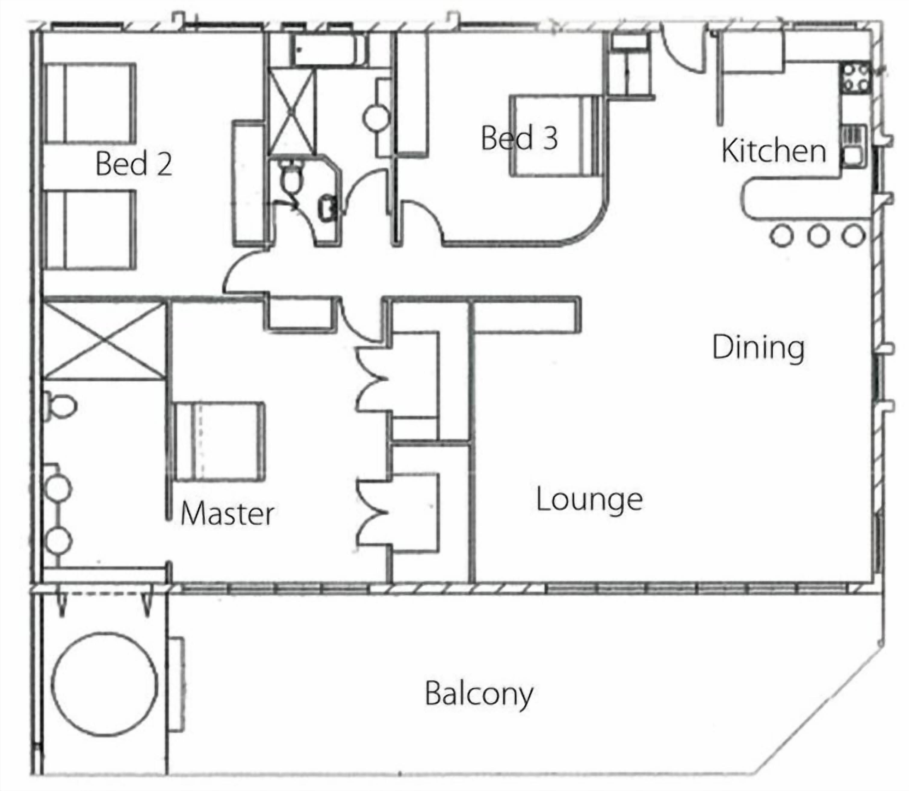 Un plan d’étage comprenant une chambre principale, deux chambres d’hôtes, une cuisine, un coin repas, un salon et un balcon.