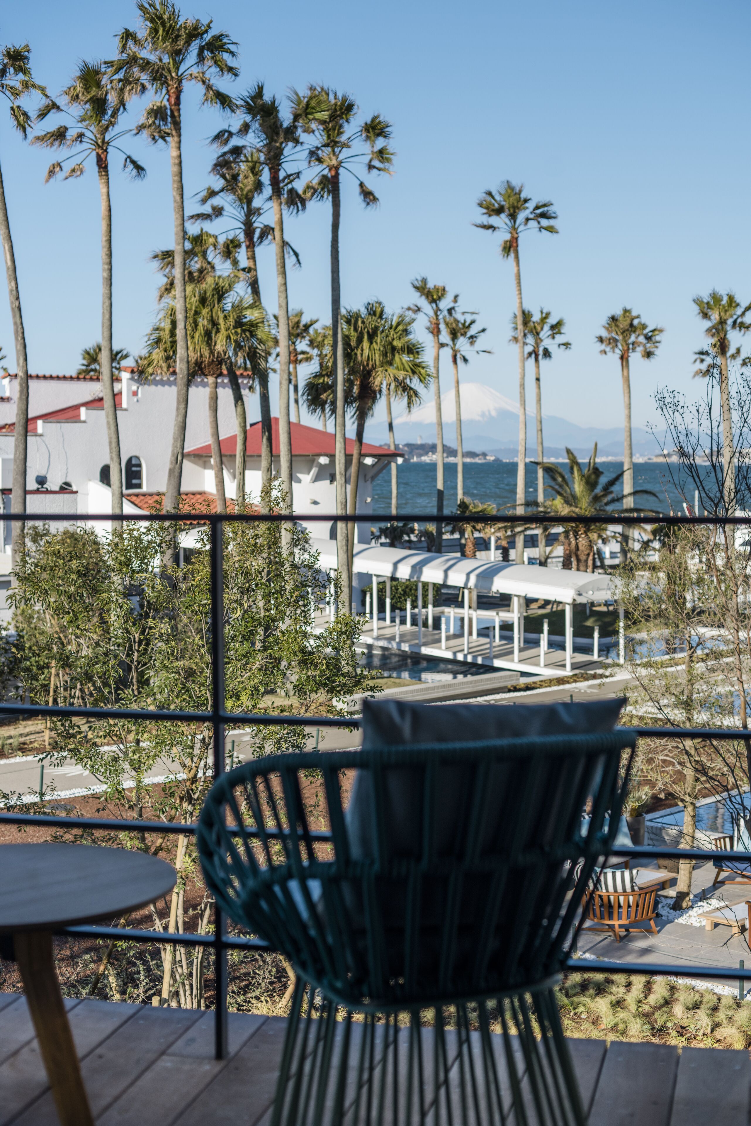 A balcony with a view of palm trees, a building with a red roof, and a body of water in the distance.