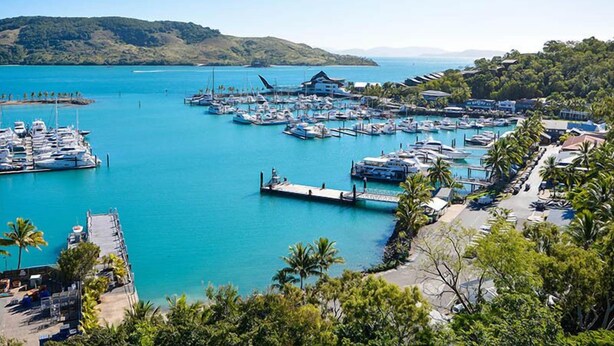 A marina with numerous boats docked, surrounded by lush greenery and hills in the background.