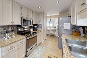 Fridge, microwave, dishwasher, coffee/tea maker