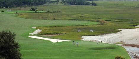 A golf course with sand bunkers, a water tower, and distant buildings.