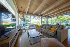 Smart-TV, peis, bøker og stereoanlegg