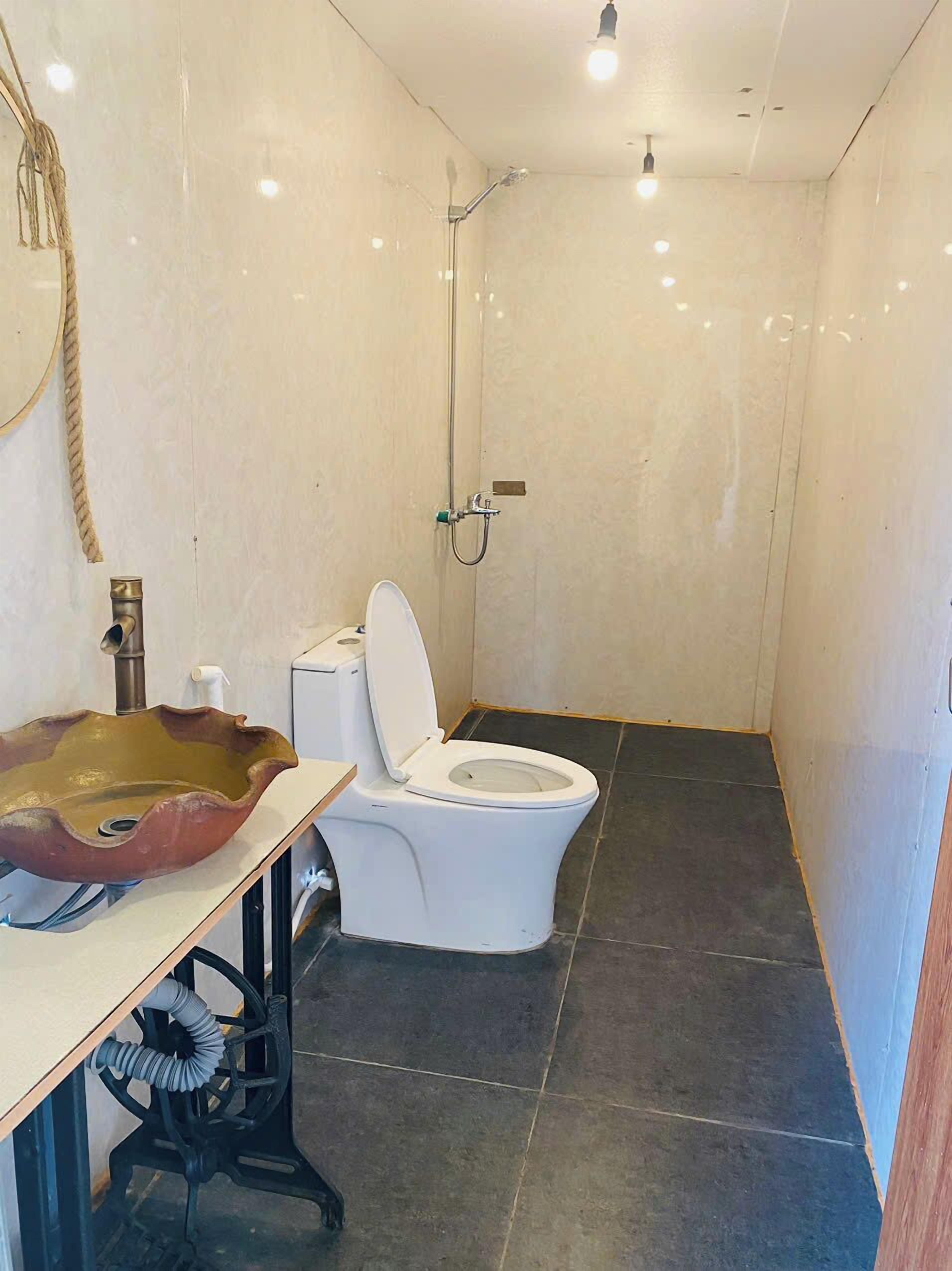 Ein Badezimmer mit einem ungewöhnlichen Waschbecken, einer Toilette und einer Dusche.