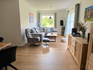 Télévision, cheminée, livres, chaîne hi-fi