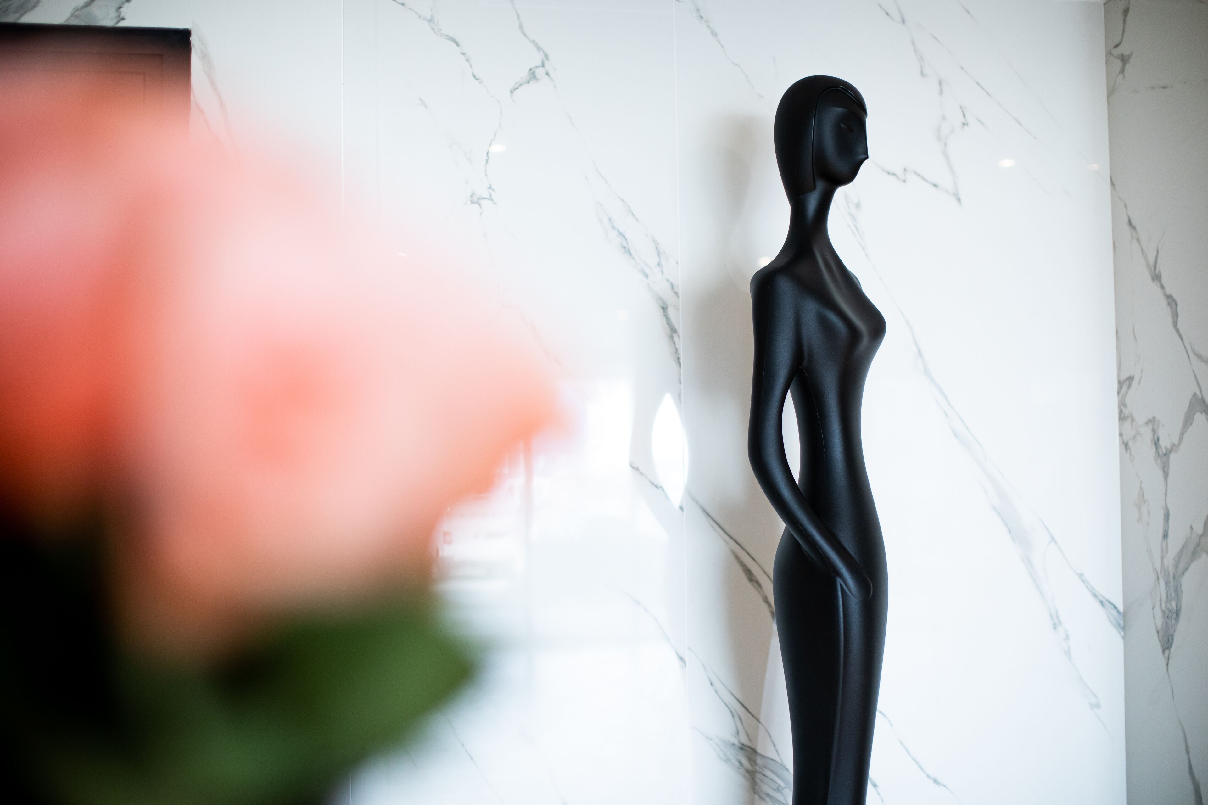 A marble wall with a black statue.