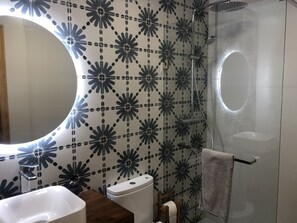 Douche, sèche-cheveux, serviettes fournies, papier toilette