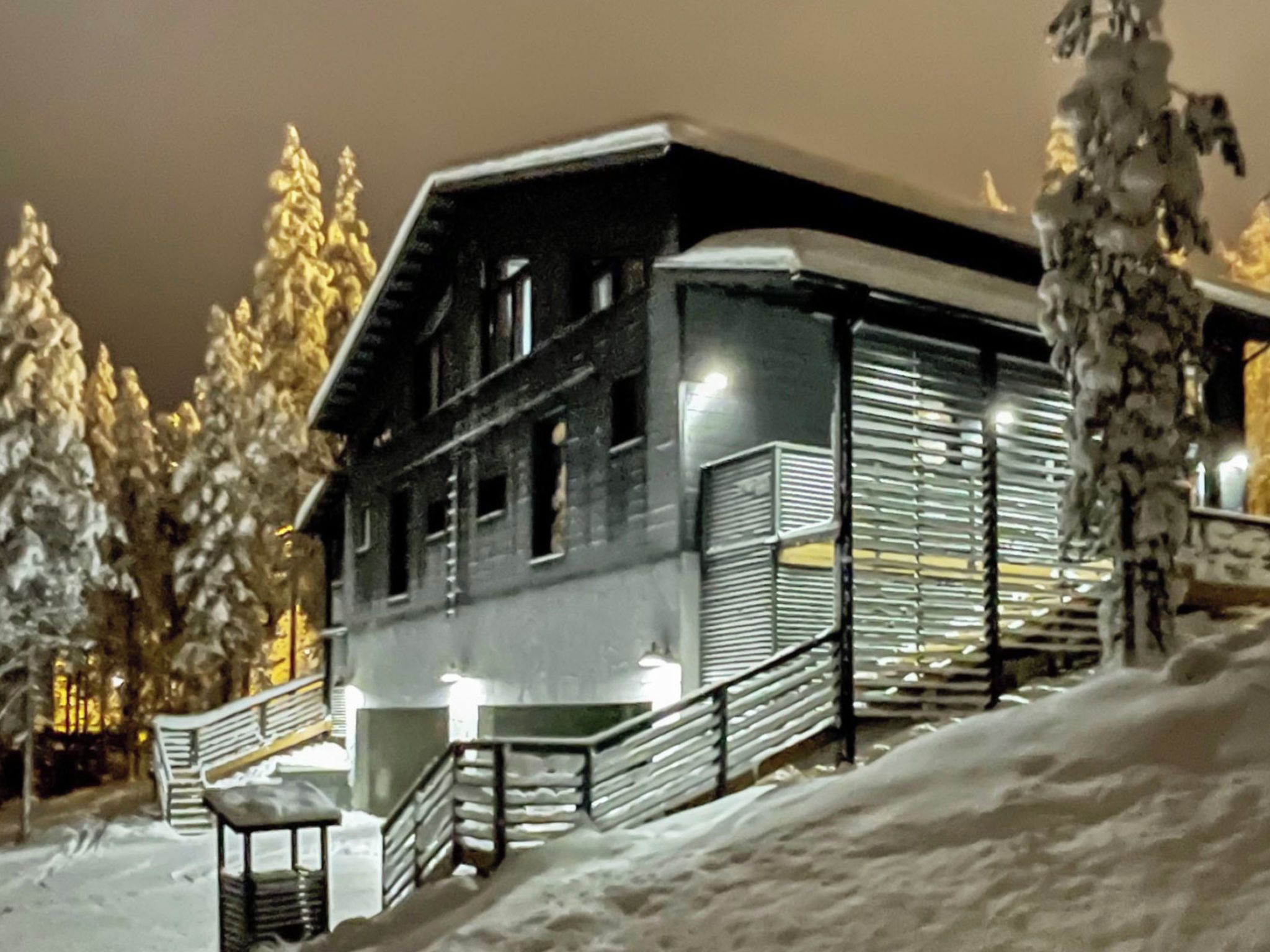 Moderni rakennus, jossa on kalteva katto, ja sen ympärillä on lumipeitteisiä puita.