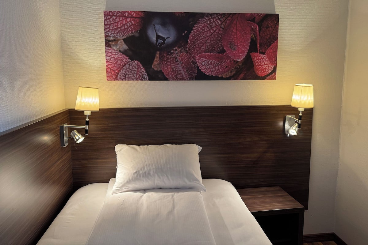 Habitació d'hotel amb un panell de fusta al capçal del llit, dues làmpades de nit, un llençol blanc i una gran obra d'art floral a la paret.
