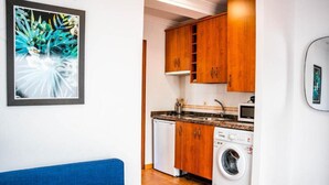 A compact kitchen with wooden cabinets, a washing machine, and a blue sofa. - Marbella Village | Patio View Terrace (Marbella)