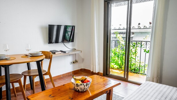 A room with a dining table, chairs, a TV mounted on the wall, a balcony with plants, and a bed.