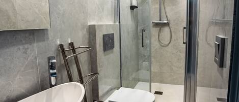 Shower, hair dryer, towels, soap