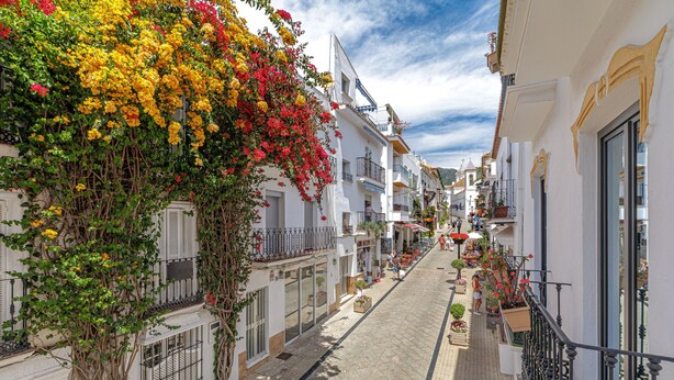 A narrow street lined with white buildings, balconies with potted plants, and a clear sky.
