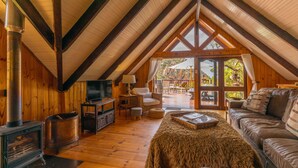 Una habitación cálida en el ático con paredes de madera, una chimenea, un televisor y una zona de estar acogedora.