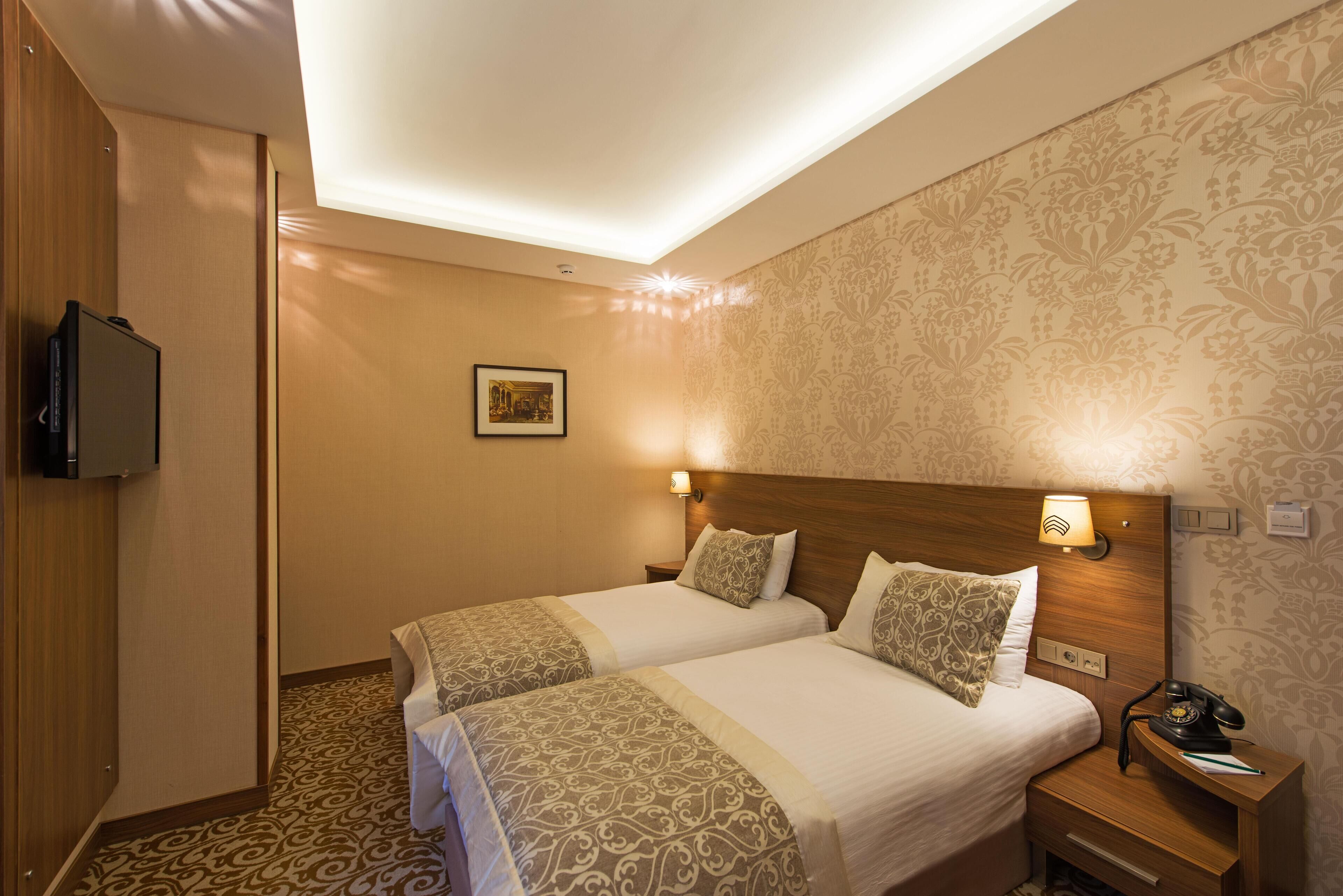 A hotel room with two beds, a TV, a bedside table with a lamp, and a patterned carpet.