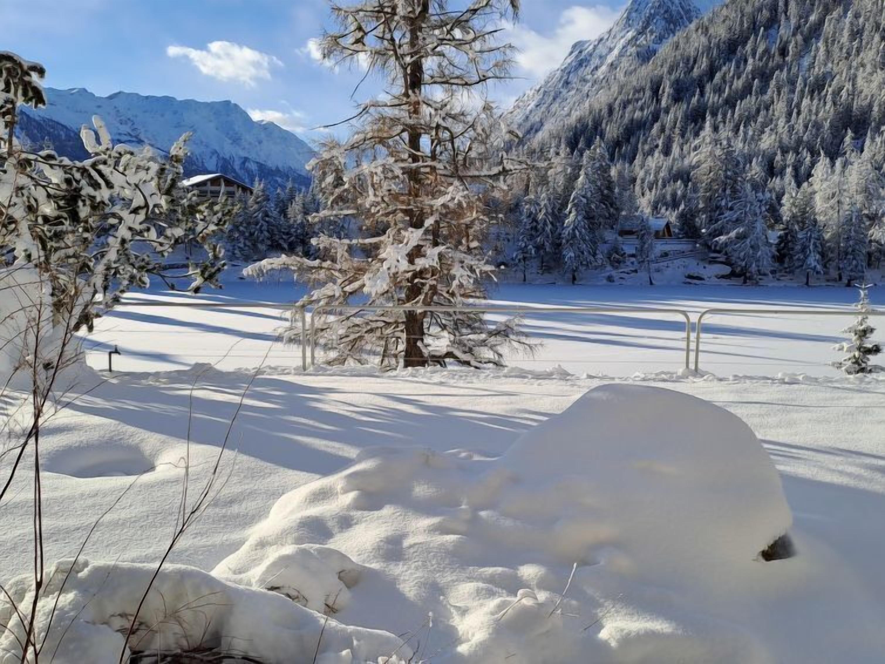 Paisagem coberta de neve com uma única árvore e montanhas ao fundo.