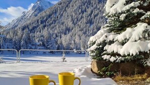 Ein Tisch mit zwei gelben Tassen auf einer blauen Tischdecke, mit Blick auf eine verschneite Landschaft mit Berg und Bäumen im Hintergrund.