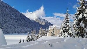 Schneebedeckte Landschaft mit einem von Bäumen umgebenen Gebäude.