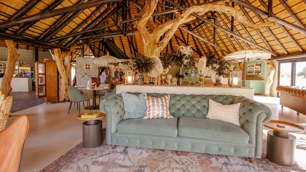 A spacious lounge area with a high wooden ceiling, a green sofa with patterned cushions, and a variety of potted plants. - Okapuka Safari Lodge (Windhoek)