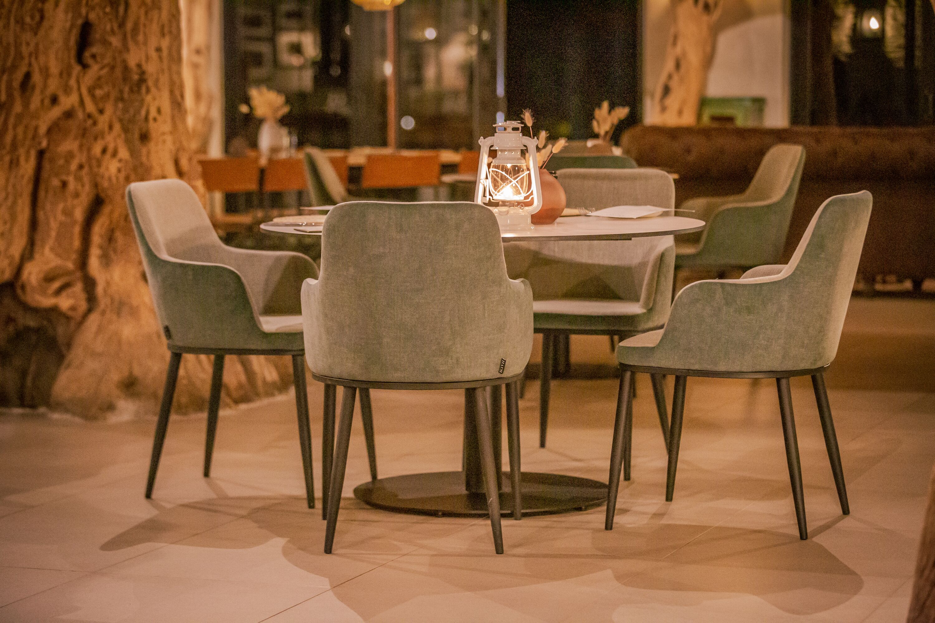 A dining area with round tables and grey chairs, a lantern on one table, and a tree trunk in the background.