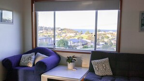 A living room with a large window, two sofas, a small table, and a potted plant.