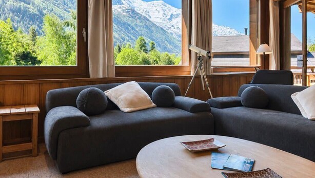 A room with a sofa, a coffee table, and a tripod.
