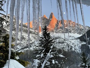 Eine verschneite Berglandschaft mit einem markanten Gipfel und Bäumen im Vordergrund.