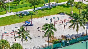 Un terrain de beach-volley avec un filet, entouré de palmiers et bordé d’une zone herbeuse.
