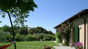 A well-maintained garden with a hammock, a pathway, and a building with green shutters and flowering plants. - Casa Pedona (Camaiore)