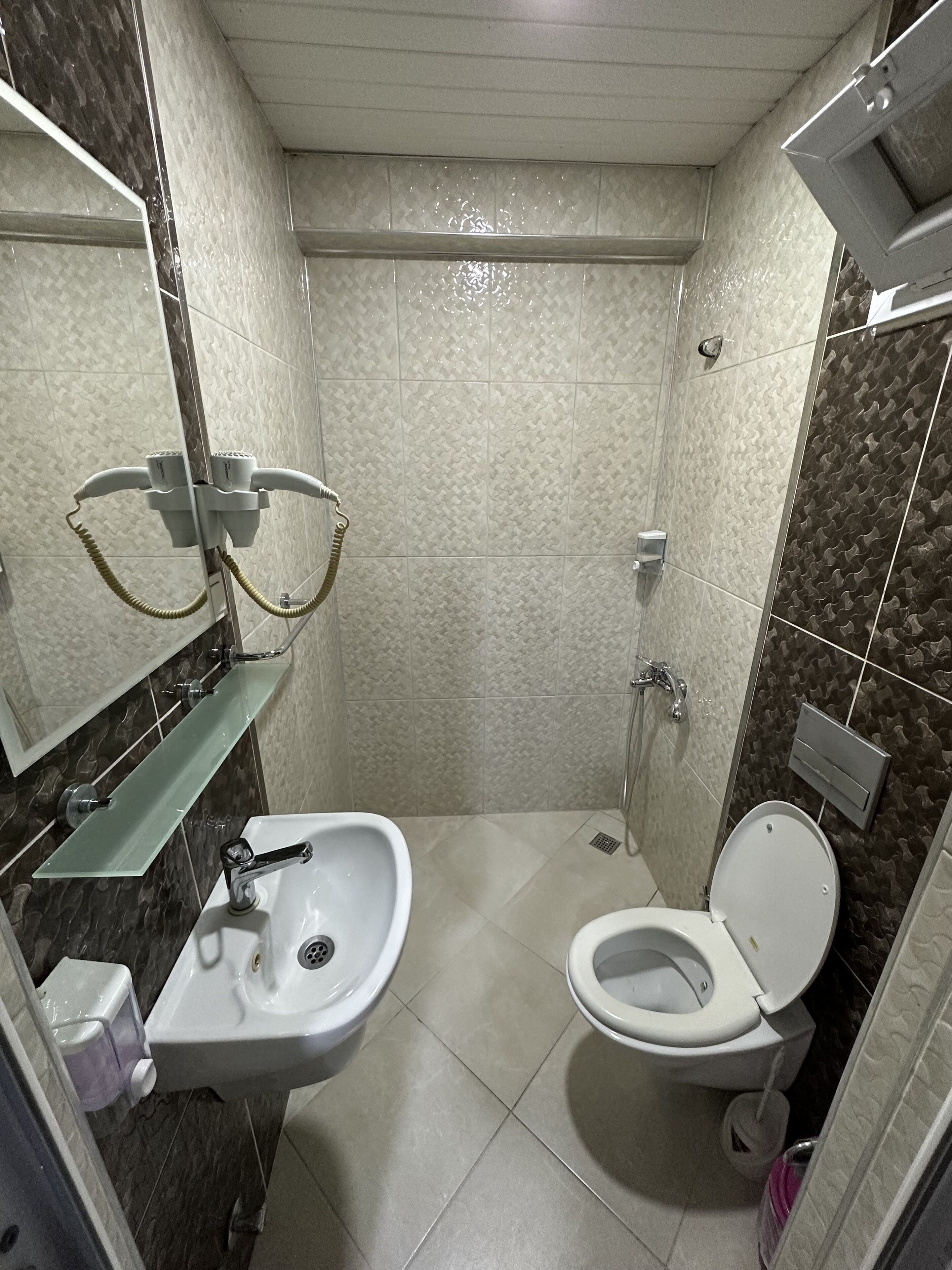 Een badkamer met een wastafel, toilet en douche.