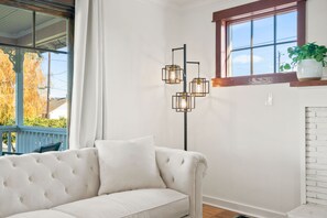 Smart TV, fireplace, books