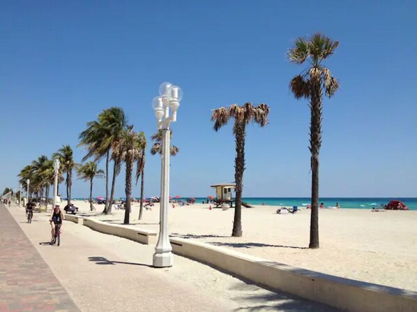 On the beach, sun loungers
