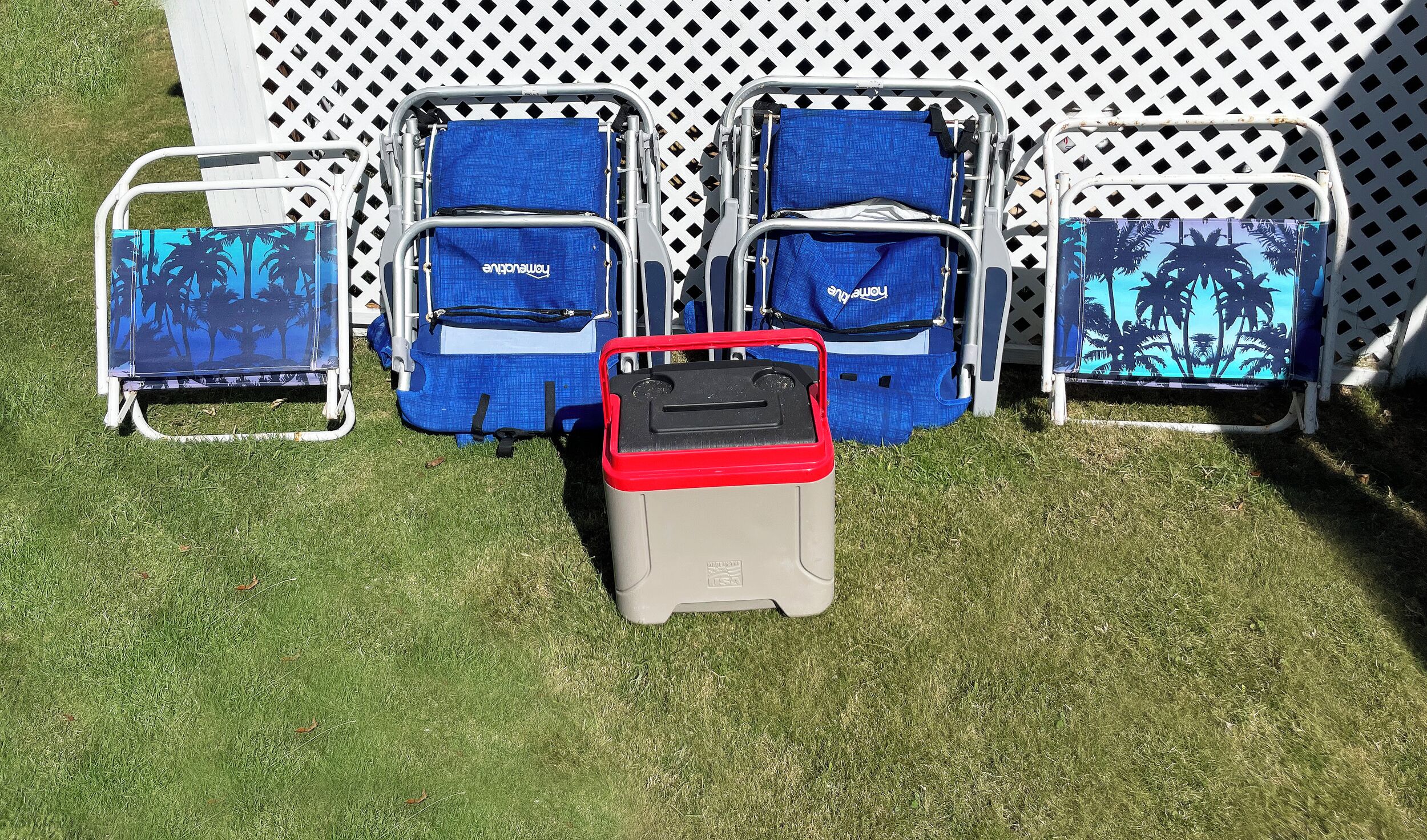 Vier blauwe tuinstoelen met een palmboomprint, een rode koelbox en een witte metalen stoel met een rasterleuning.