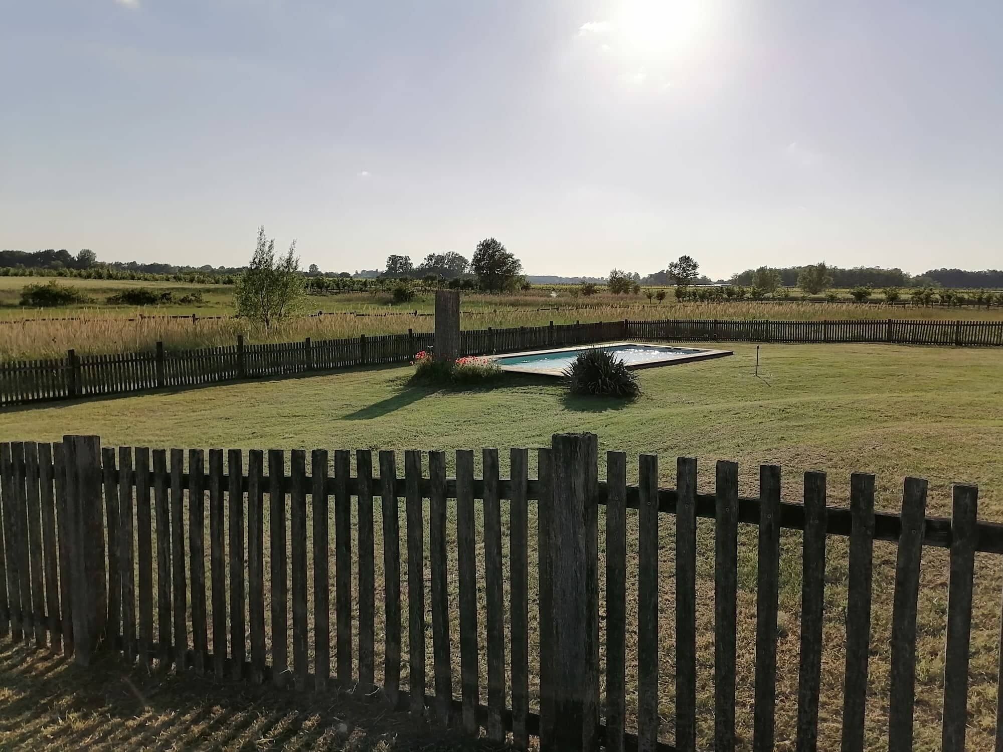 Une cour arrière clôturée avec une piscine, une terrasse en bois et une pelouse verdoyante.