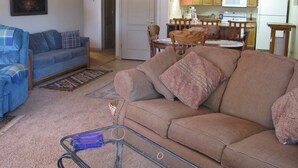 A living room with a brown sofa, a blue sofa, and a glass coffee table. There is a kitchen in the background with wooden cabinets and a microwave.