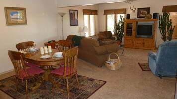 Smart TV, DVD player, books, music library