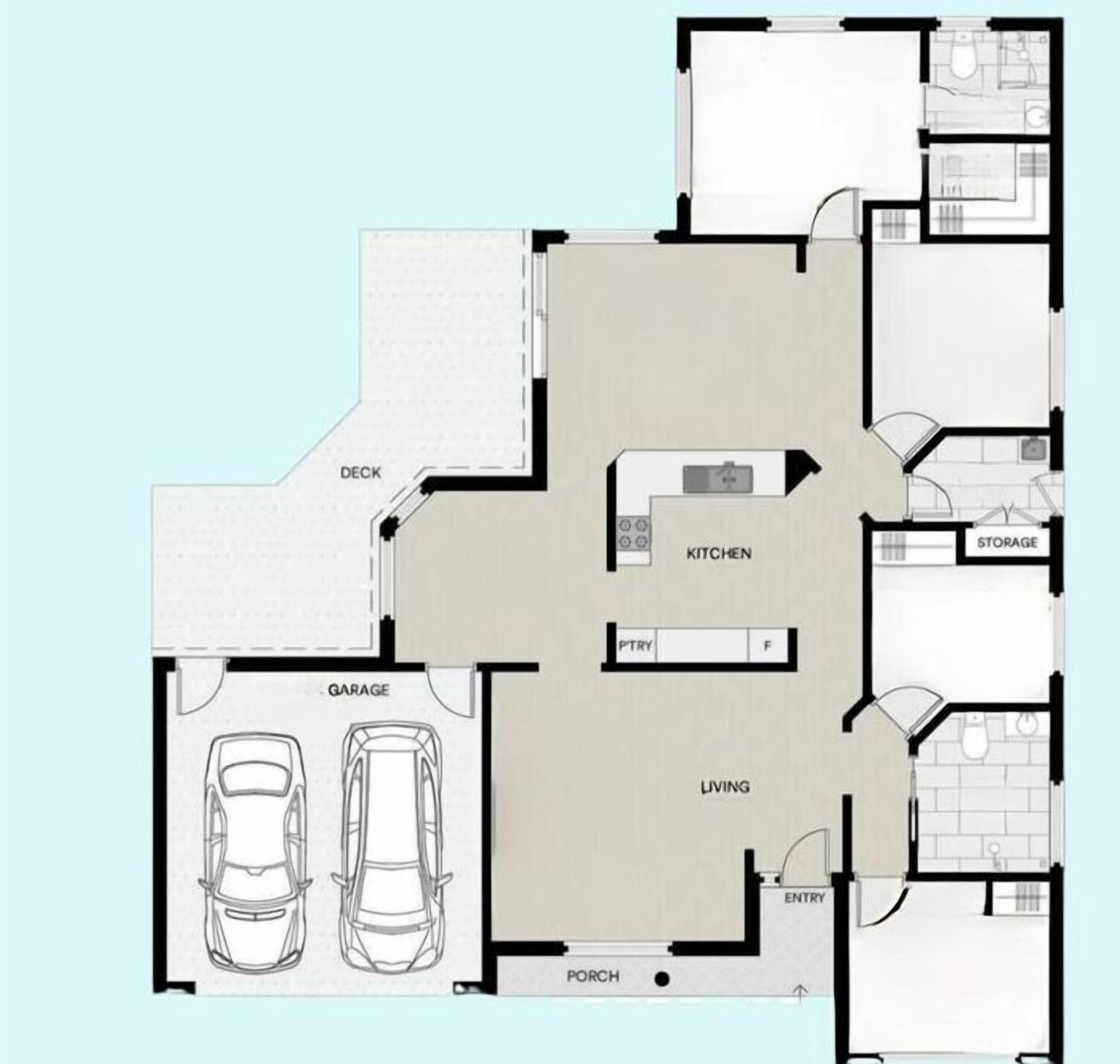 Un plan d’étage comprenant un espace de vie, une cuisine, deux chambres, une salle de bain, un garage et une terrasse.