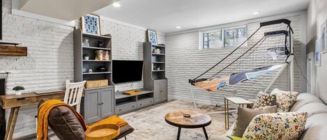 Smart TV, fireplace, books