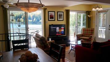 Smart TV, fireplace, video games, DVD player