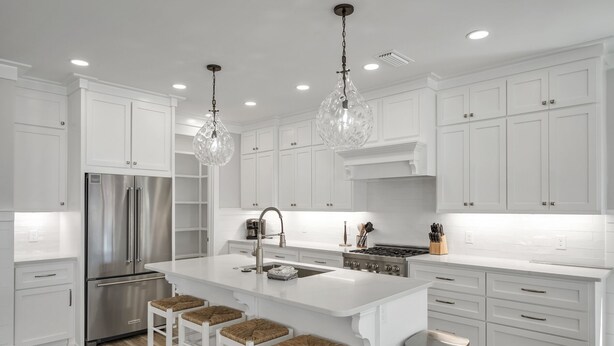 Una cocina moderna con armarios blancos, electrodomésticos de acero inoxidable, una isla central con taburetes y luces colgantes.