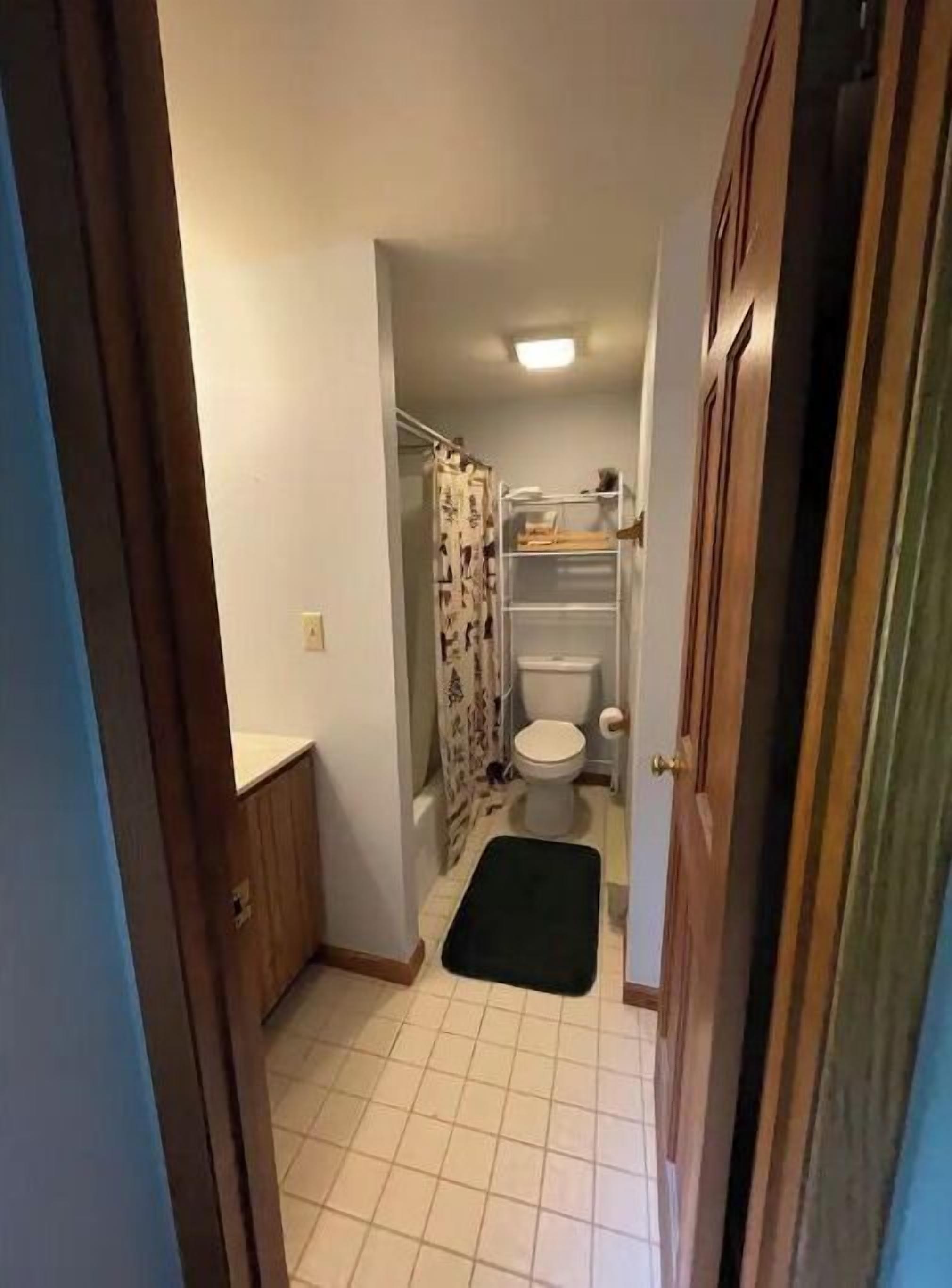 A narrow hallway leading to a bathroom with a toilet, a shower curtain, and a small shelf.