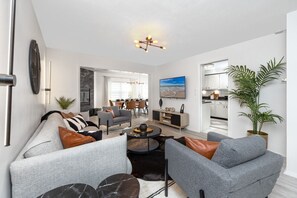 Smart TV, fireplace, books