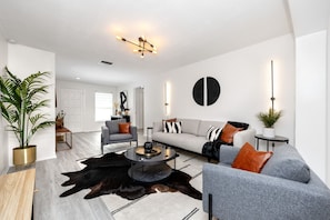 Smart TV, fireplace, books