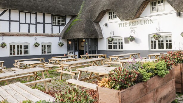 A traditional pub named "The Red Lion" with thatched roofs, wooden benches, and hanging flower baskets. - Nine Acres Barn (Marlborough)
