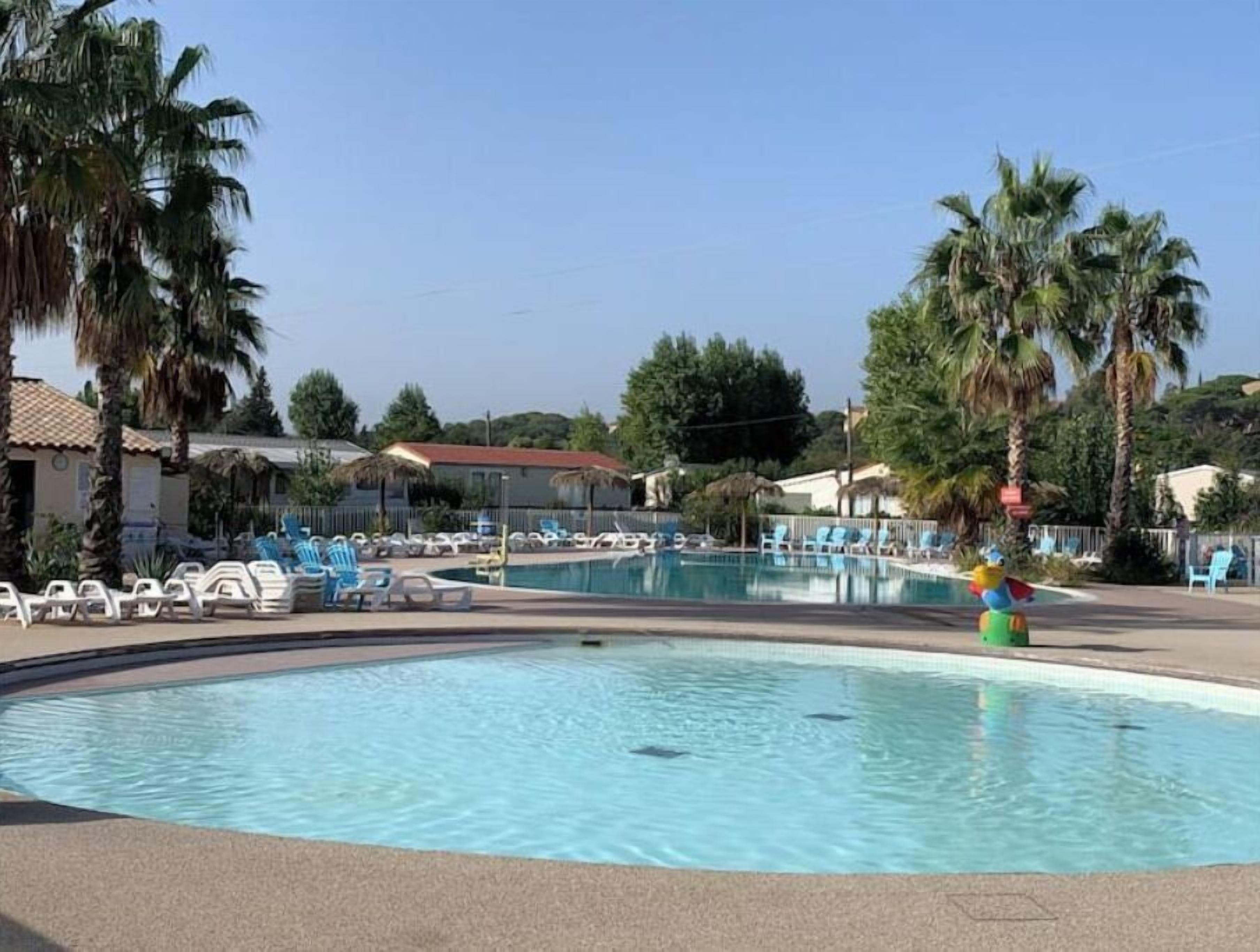 A swimming pool with lounge chairs, palm trees, and buildings in the background.
