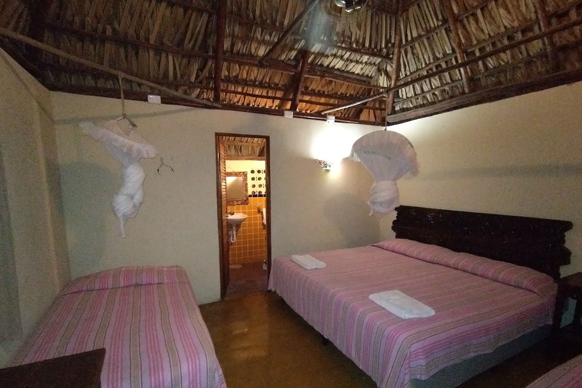 A room with two beds, a thatched roof, a small bathroom, and a hanging light fixture.