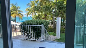 A view from inside a building looking out to a beach with palm trees and a clear sky. - 5 minutes to SJU airport, Steps to Isla Verde Beach, 16th Fl. w/Prkg @ESJ Towers (Carolina)