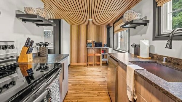 A modern kitchen with a wooden ceiling, built-in appliances, and a large island with a sink. - Designer Home in Walkable Historic Greendale (Greendale)
