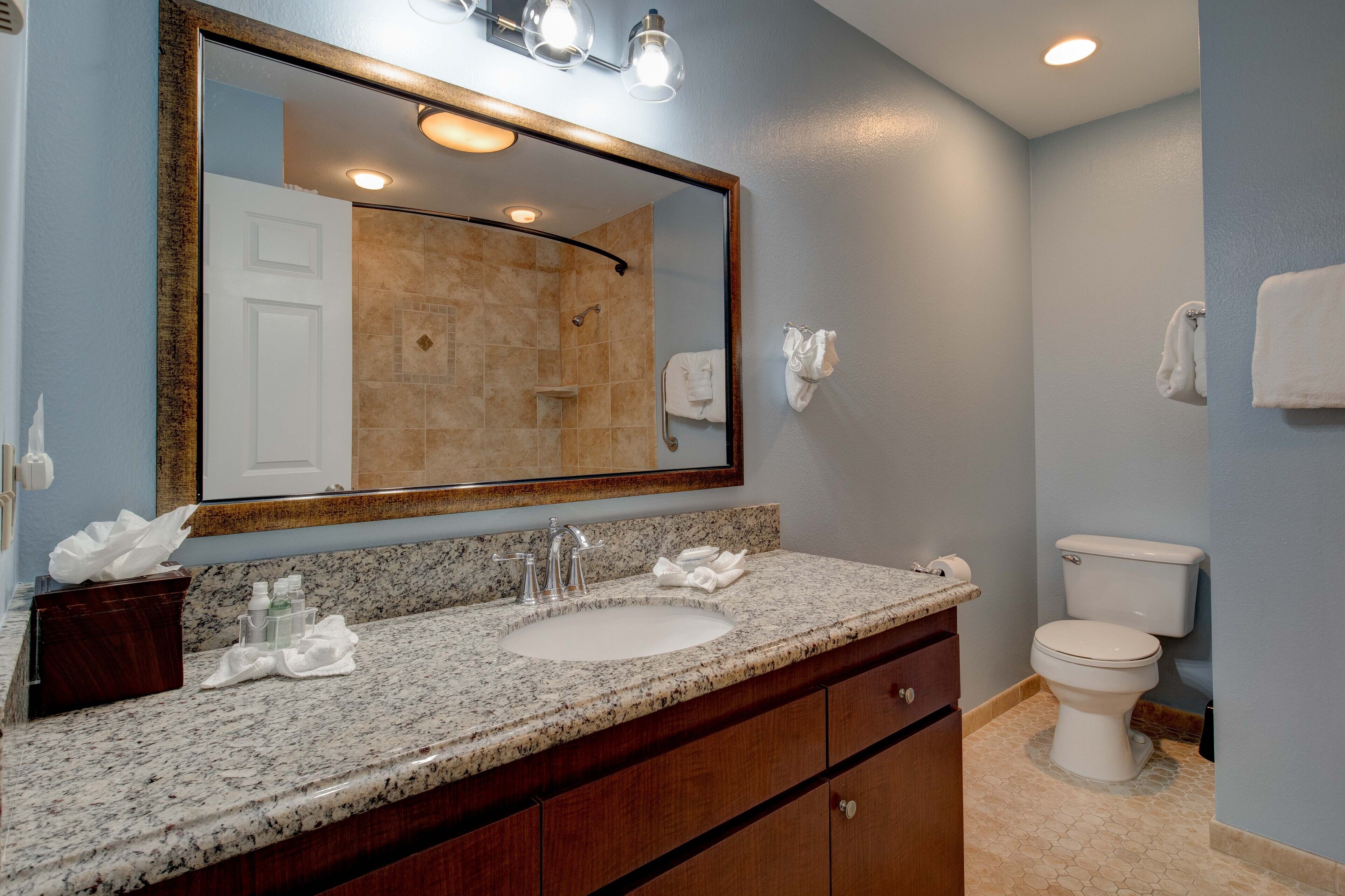 A bathroom with a granite countertop sink, a large mirror, a toilet, and a shower area.