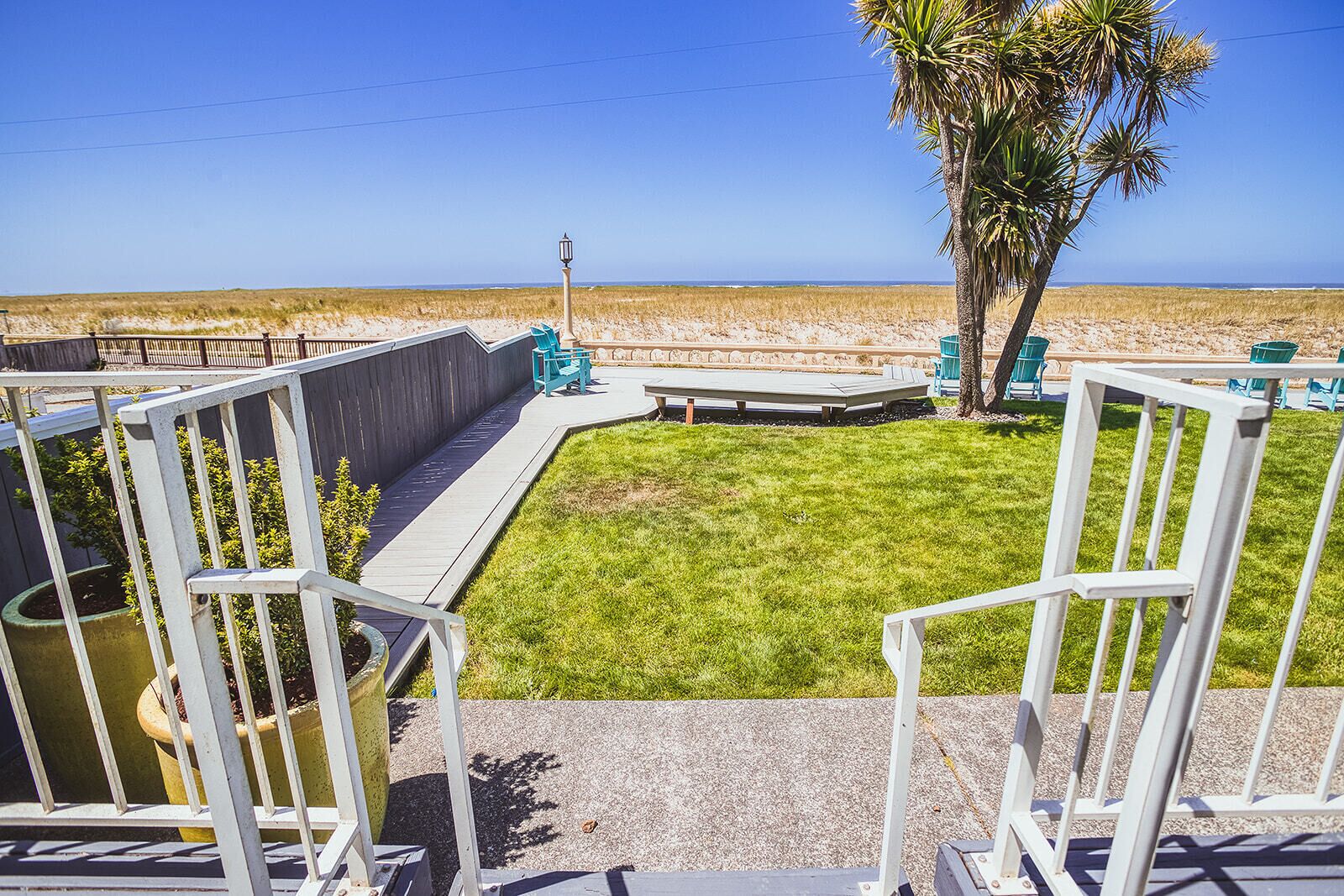 A deck with a view of the beach, a palm tree, and outdoor seating.